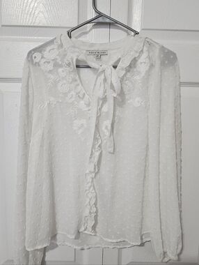Mango White Swiss Dot Tie-Neck Blouse